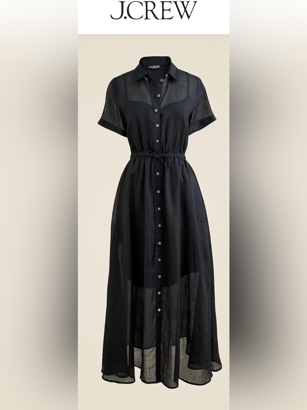 NWT J.Crew Cerise Black Ramie Sheer Button Front Midi Maxi Dress w/ Slip - Picture 3 of 9